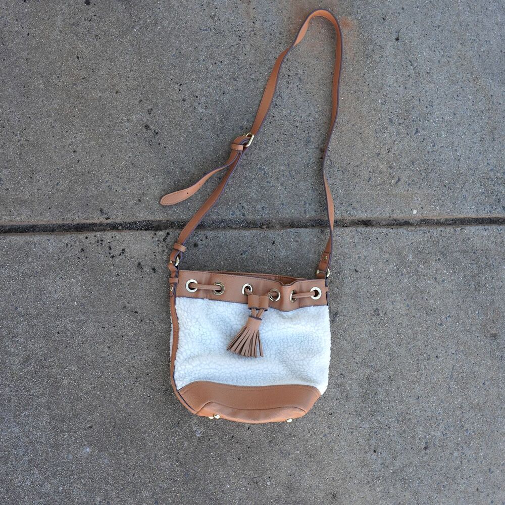 Adam Lippes Target Sherpa Bucket Bag Crossbody Faux Leather Teddy Fleece Tassel